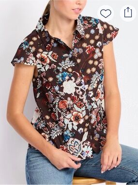 Sugarlips Brown Floral Cap-Sleeve Button Front Top